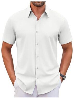 Men Stretch Short Sleeve Dress Shirt Wrinkle Free Casual Button Down White